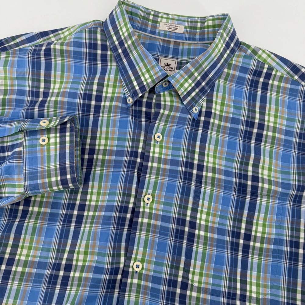 Peter Millar Button Down Mens XXL Tall Blue Green Plaid Cotton Long Sleeve Shirt